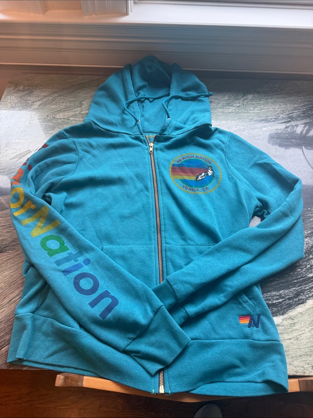 Aviator Nation Teal Zip Hoodie with Rainbow Sleeve Logo